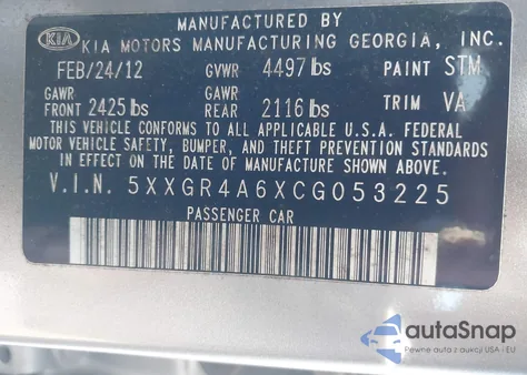 2012 Kia Optima Sx z USA, uszkodzony, nr VIN 5XXGR4A6XCG053225